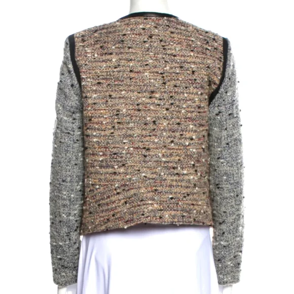 Sandro Tweed Boucle Leather Trim Collarless Moto Jacket - Picture 3 of 13